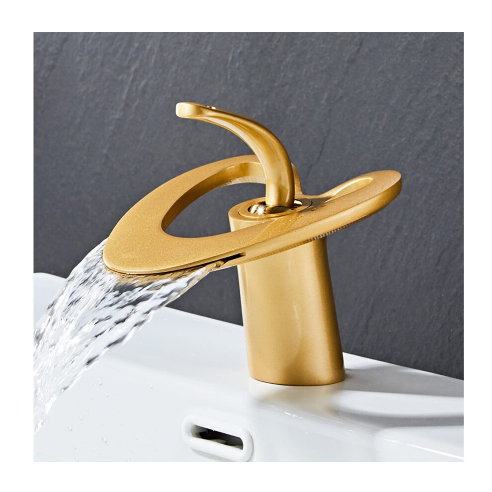 Waterfall Bathroom Sink Faucet, Heartshape Solidbrass Vessel Sink, Deckmount Singlehandle Basin Mixer, White Gold 9339159390153