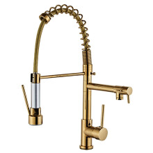Gold Kitchen Faucet Solid Brass Double Handle 360Degree Arc Hot And Cold Water Mixer