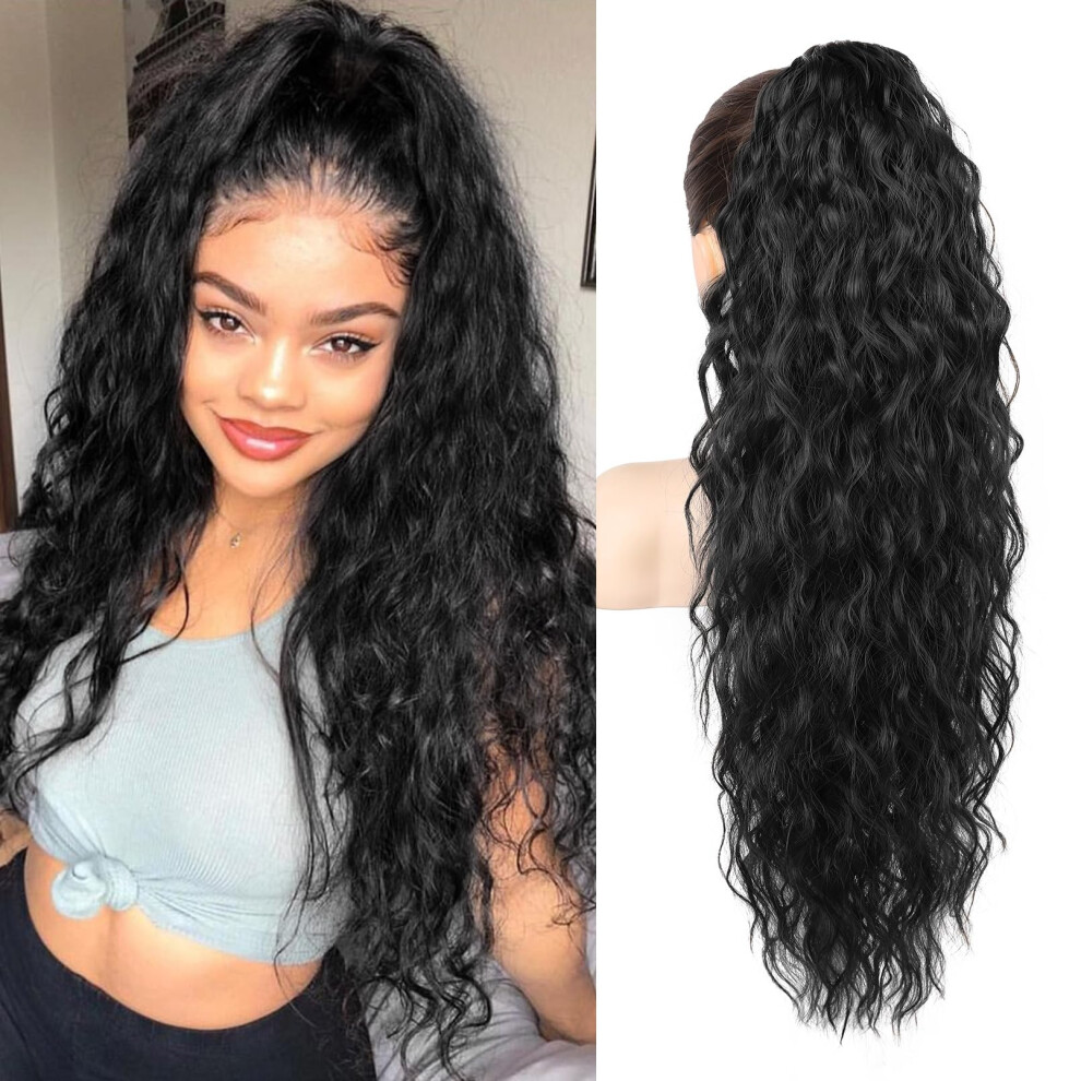 Unisex Black Ponytail Extension 30Inch Length Claw Clip, Curly Wavy Synthetic Hairpiece, Natural