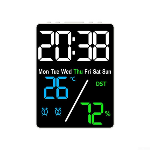 Digital Clock With Temp And Humidity Display Large Screen Adjustable Brightness Battery Powered White Shell Tricolor