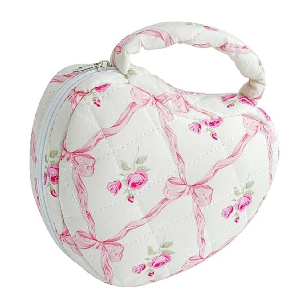 Pink Heart Shape Makeup Bag Quilted Fabric Cosmetic Storage
