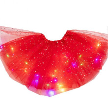 (Red) Luminous LED Fluffy Skirt for Girls Layered Ballet Dance Pleated Skirt for Birthday