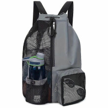 (Grey) 20-35L Mesh Drawstring Backpack Swimming Bag Lightweight Portable Duffel Bag Travel Bags for Women Men