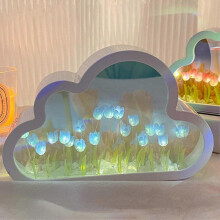 (Blue) Handmade Tulip Pattern Desk Lamp Night Light and Mirror Room Ornament for Living Room Bedroom Office
