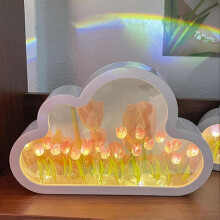(Pink) Handmade Tulip Pattern Desk Lamp Night Light and Mirror Room Ornament for Living Room Bedroom Office