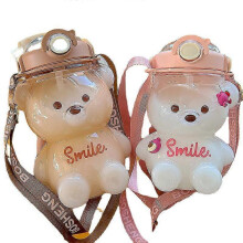 (Pink) Kawaii bear straw kettle, 1000ml cute kettle, can be used as a mobile phone holder, leak-proof, for girls school office travel
