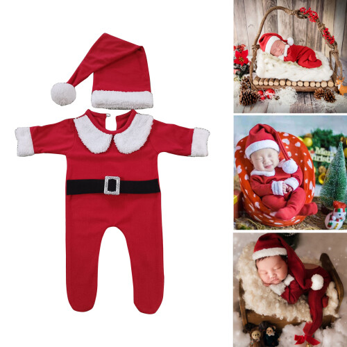 Newborns Photoshooting Props Santa Hat Footed Romper Posing 2