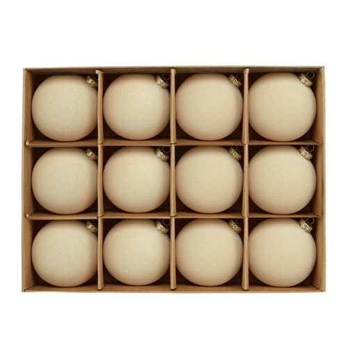 12pcs Elegant Flocking Christmas Tree Baubles-Pure beige