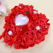 Ring Cushion Wedding Ring Box, HeartShaped Cushion With Rhinestones And Bow, 18x17 cm, Red For Wedding And Engagement