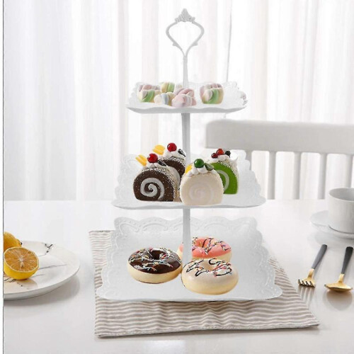 (3 Layers Square Silver  Blue) 3 Tier Plates Plastic White Cake Stand Cake Stand, Cupcake Stand 1