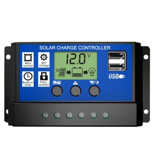Solar Charge Maestro: 30A PWM solcellecontroller, industriel mikrocontroller, automatisk parameterlagring, dobbelt USB-udgang til blybatterier, 1