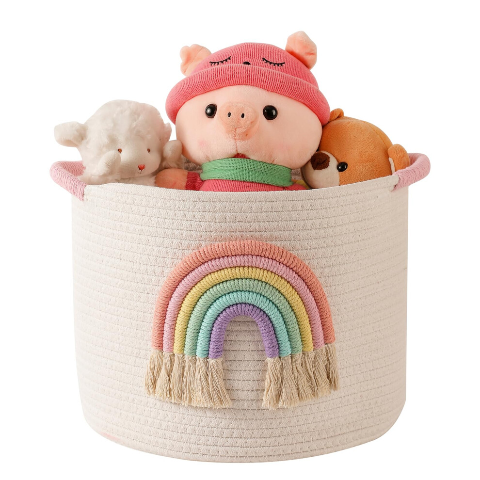 Inough Toy Storage Baskets Woven Cotton Rope Storage Basket With Rainbow Decor For Kids, Blanket Baskets For Living Room/Nursery, Toys Organizer