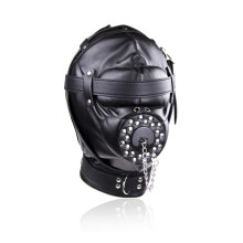 Leather Blindfold Headgear Black Fully Enclosed Leather Mask With Cover For Role Play
