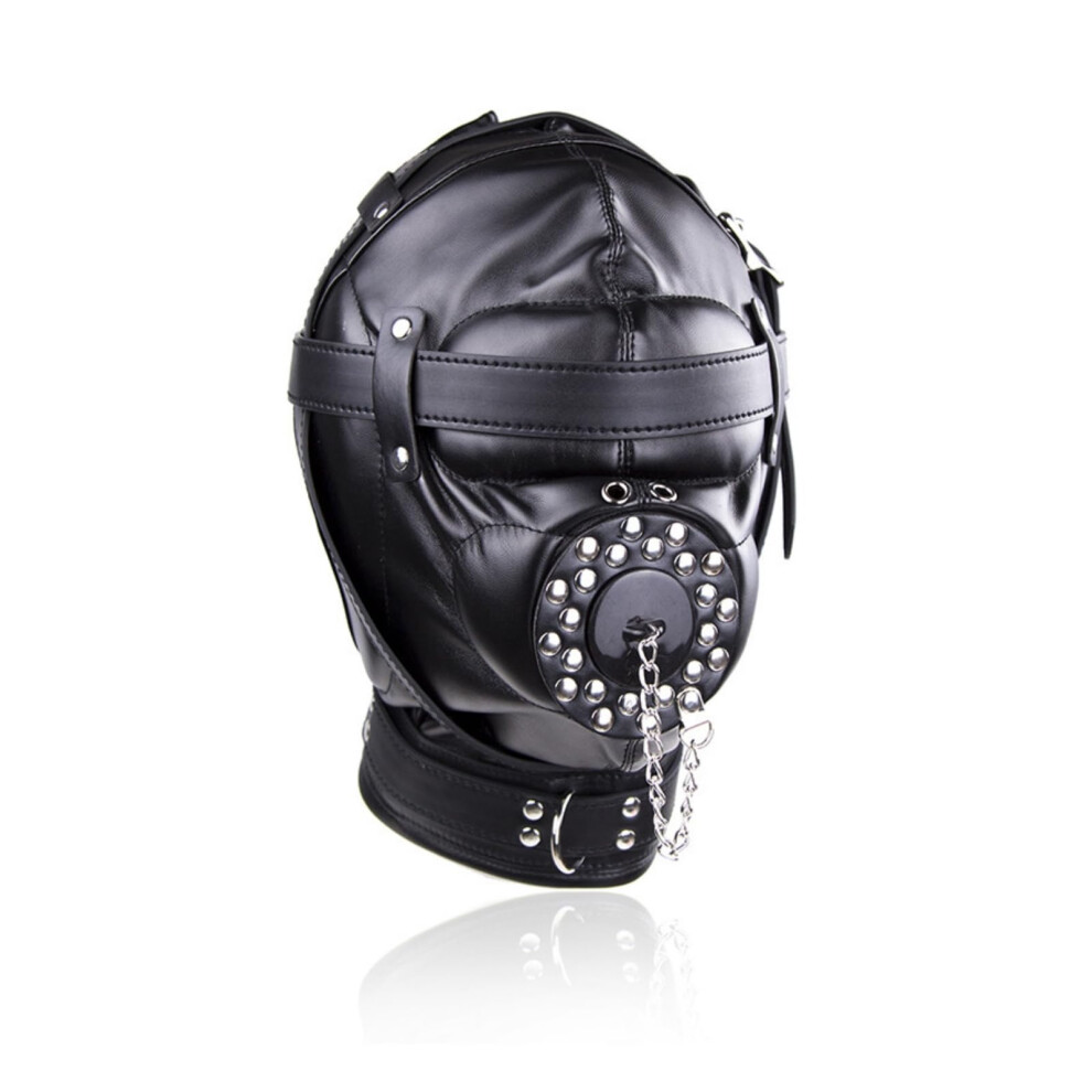 Black Leather Blindfold Headgear Fully Enclosed Leather Mask With Cover For Role Play
