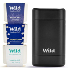 Wild - Mens Natural Refillable Deodorant Starter Kit - Black Case with Fresh Cotton & Sea Salt, Ocean Mist & Thunderstorm Scents - Long Lasting