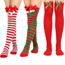 Christmas Bows Long Socks 3 Pair Festival Striped Thigh-Style 2