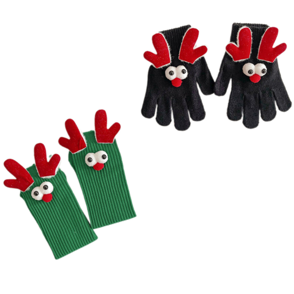 3D Reindeer Horn Gloves Winter Warm-black gloves green s