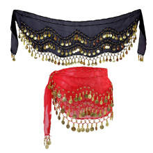 2Pcs Women Belly Dance Hip Scarf 128 Coins Waist Belt (Black And Red)