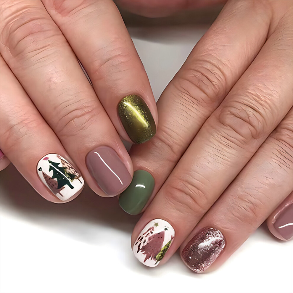 24 Pcs Glittering False Nails Short Press On Nails Christmas