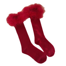 Women Christmas New Year Cotton Red Knee High Socks-Red feather