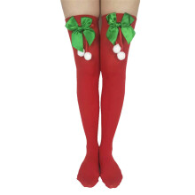 Women Christmas Striped Thigh High-Red sox green knot h