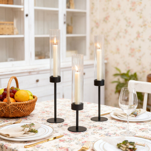 Three Part Ribbed Glass Candle Possessors-black outer stripes 1