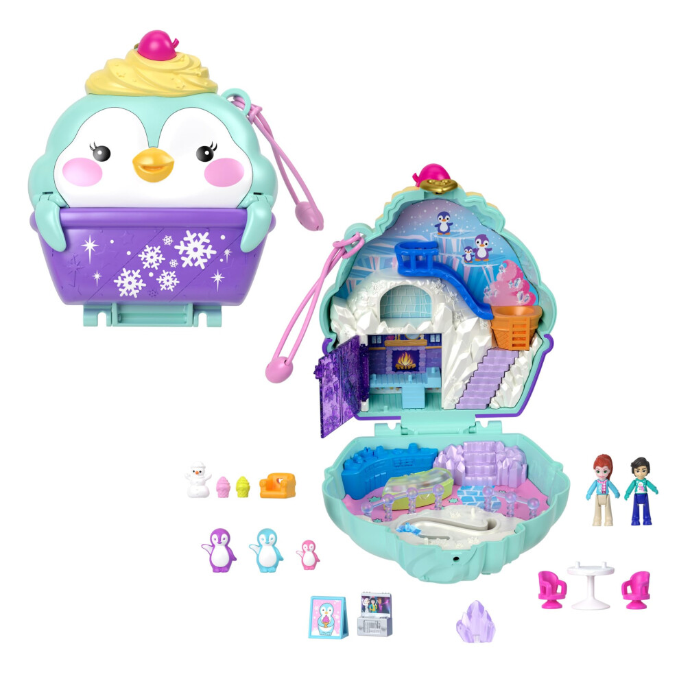Polly Pocket Dolls And Playset, Travel Toy With Fidget Exterior, Snow Sweet Penguin Compact With 13 Accessories, Hrd34