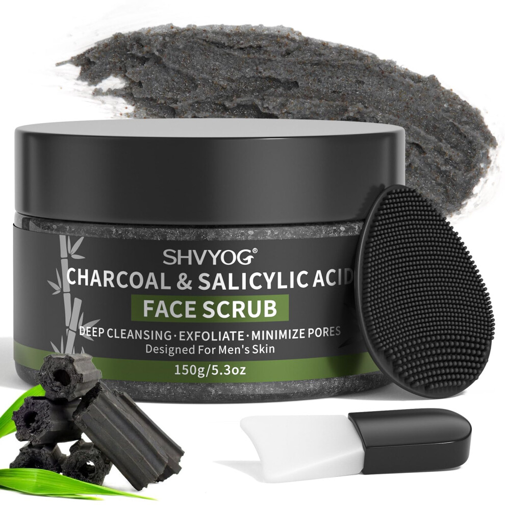Shvyog Men's Face Scrub, Bamboo Charcoal Salicylic Acid Face Exfoliant, Facial Peeling Improves Blackheads, Acne, Clogged Pores, Cleansing Oil Control,