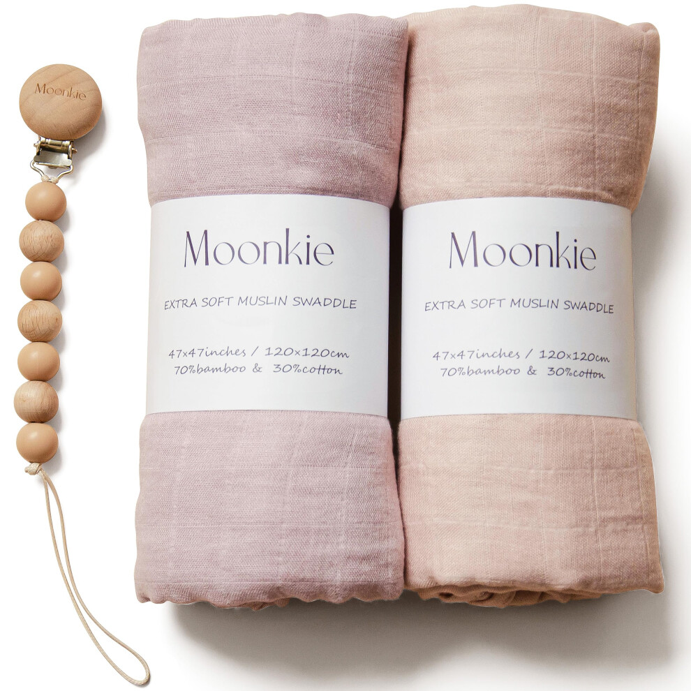 Muslin Swaddle Blanket, Essentials Baby Receiving Blanket For Girls And Boys, Infant Wearable Swaddling Set, 47 X 47 Inches, 2 Pack (Rose Moonkie