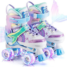 NEMONE Mermaid 4 Size Adjustable Roller Skates for Girls with 8 Light up Wheels, Purple Blue Skates for Toddlers, Beginner Kids Roller Skates Indoor