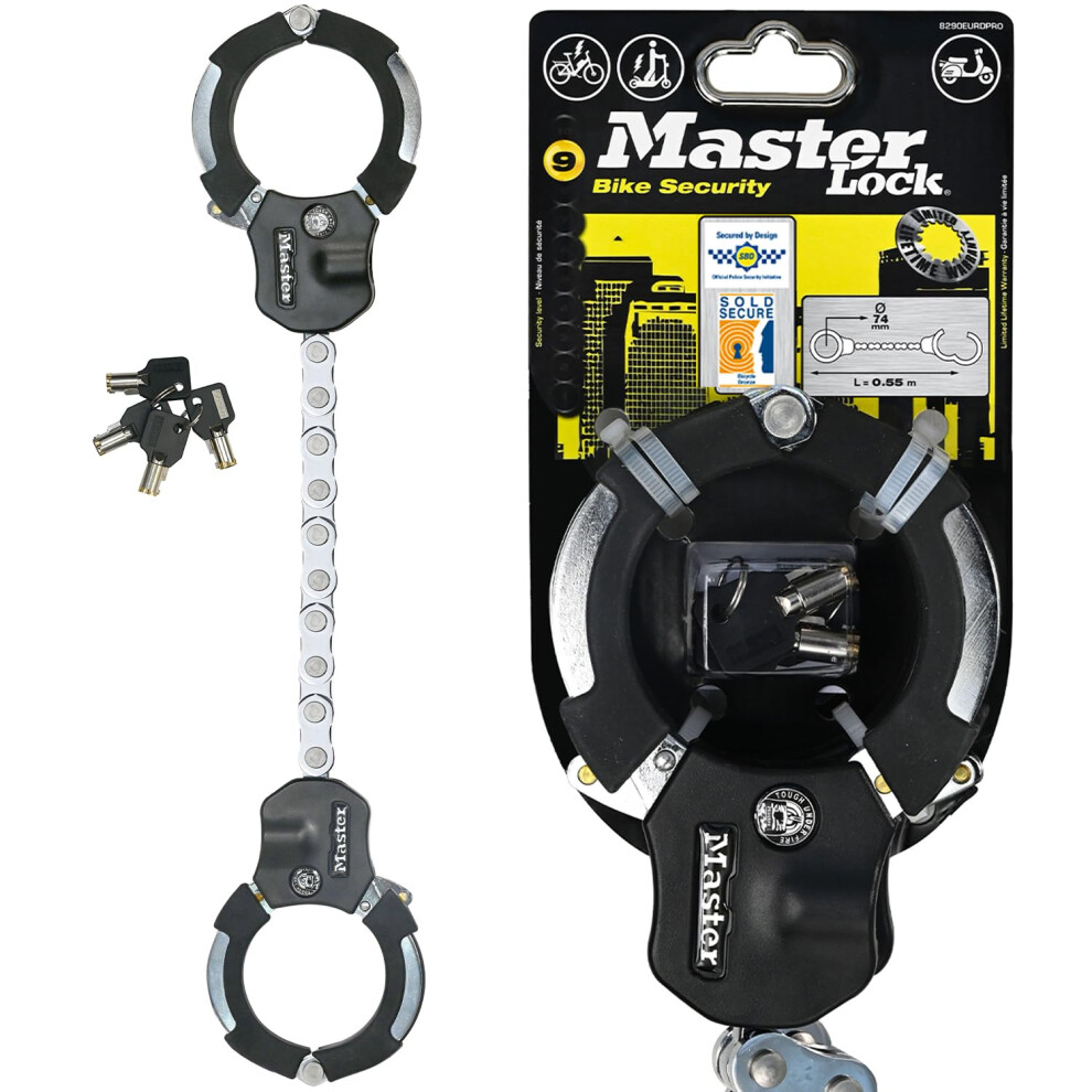 Master Lock Police Approved Bike Lock And E-Scooter Lock, Hardened Laminated Steel, 4 Keys, 550 X 76 X 27 Mm, For E Bike Scooter Quad, Silver
