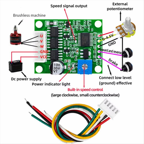DC 6-20V 60W 12V Brushless Motor Driver Board BLDC Speed Controller 3-Phase Governor Hallless Switch Module with Cable 1