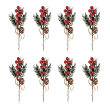 Rode bessenstengels, pijnboomtakken, groenblijvende kerstbessendecoratie, 8 stuks kunstmatige dennenappels, takkenknutselkrans