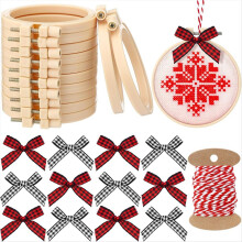 25-osainen joulukirjontasetti DIY-joulukoristeiden sarja kirjontarengas bamburengas, rusetti, puuvillaköysi DIY-käyttöön