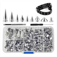 Kit com 354 peças de tachas e espigões punk - 8 tamanhos de espigões cônicos, tachas metálicas para artesanato em couro, roupas punk DIY