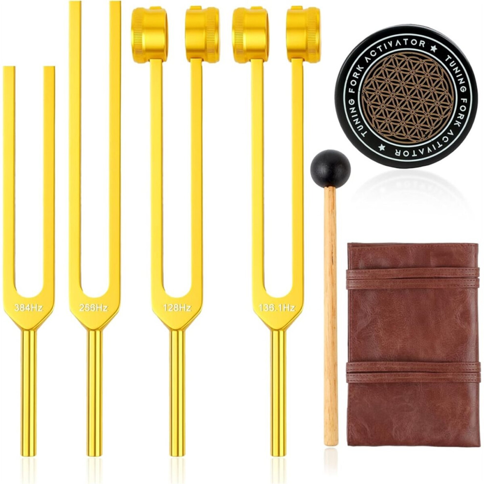 Gold Tuning Forks For Healing Set (Gold) - Includes 128Hz,136.1Hz,256Hz,384Hz & Activator, For Chakra, Yoga, And Meditation