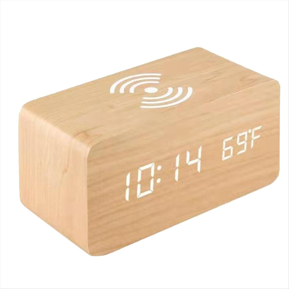 Wooden Digital Alarm Clock With Wireless Charging, Led Clock With Time, Date,Temperature, Desk Clocks 4853264211356