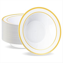 50 stuks plastic kommen met gouden rand, 7,5 inch 12 oz wegwerp soepkommen, stevige dessertsaladekom voor feesten en bruiloften