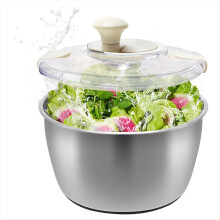 Centrifugadora de lechuga de acero inoxidable con tapa, recipiente, marco de drenaje y base antideslizante, manual compacto con ajuste rápido