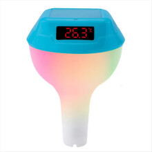 Zonne-energie drijvende zwembadthermometer met RGB-sfeerverlichting, intelligente digitale LED-waterthermometer voor buiten, zeeblauw