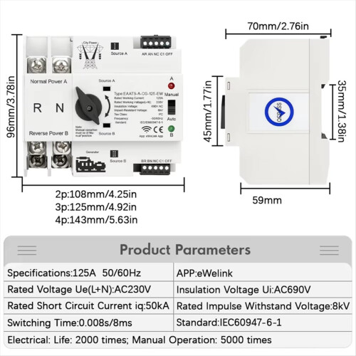 ATS WiFi Smart Dual Power Automatic Transfer Electrical Selector Switch Uninterrupted Power Supply 125A 2P 2