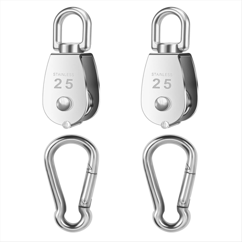 2 Pcs 304 Stainless Steel M25 Silver Single Pulley Block Wire Rope Hanging Wire Towing Wheel With 2 Pcs Spring Snap Hook 4852469867153