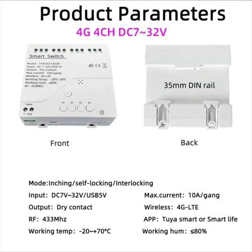 Tuya Smart Switch 4G LTE Relay with 433Mhz Smart GSM Switch APP Wireless Control 4G 4CH Remove Controller DC 7-32V 1