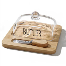 Elegant Nordic Style Butter Dish with Lid, Wooden Tray & Glass Cover - Stylish Kitchen Accessory Cutter A