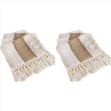 2X Table Cloth, Cotton and Linen Splicing with Knotted Tassels, Table Flag, Holiday Wedding Decoration, Table Cloth