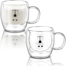 2 Pack Double Wall Insulated Glass Mugs, 8.5 Oz Cute Bear Coffee Milk Beer Cups for Latte, Cappuccino, Americano, Tea