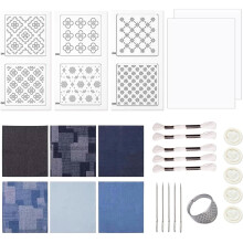 SashikoKit for Beginners, Thread , Water Soluble Patterns and Denim Fabric, for Hand Quilting Sewing Supplies