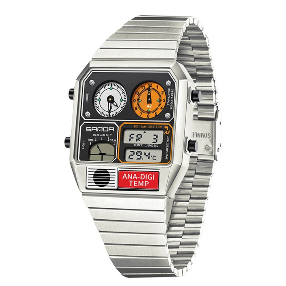 Digital Watch For Men Themes Multifunctional Wristwatch With Temperature Stopwatch Dual Time And Calendar Silver/White 4852509323236