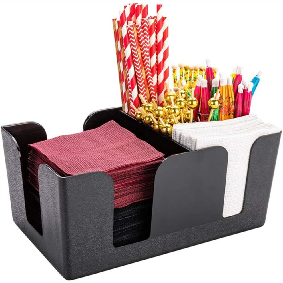 Napkin Holder - 6 Compartments Organize Straws Napkins or Condiments Black Plastic Bar Organizer for Homes Bars
