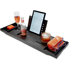 Extendable Bathtub Caddy Tray Bamboo Bath Tub Storage Rack Shelf Holder Adjustable Bathroom Tray Bathtub Storage Bridge Shelf Wine Tablet Holder